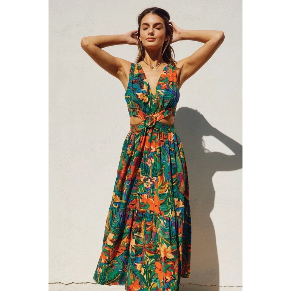 Dress Forum Tropical Floral Cutout Maxi Dress Tie Back Smocked Waist Size L - Picture 2 of 10